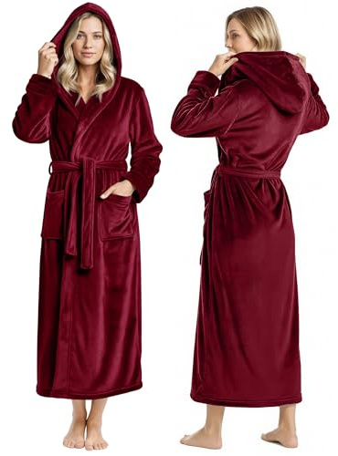 NY Threads Accappatoio da donna in pile con cappuccio in peluche lungo, da spa, Borgogna, S