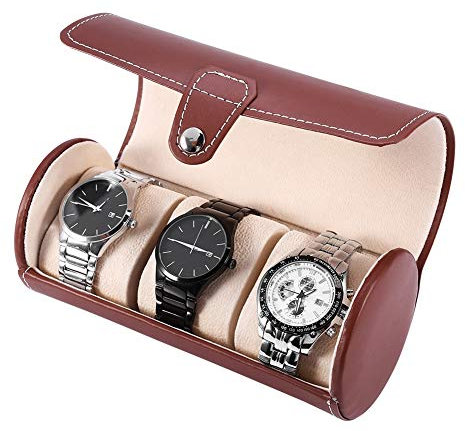 GAESHOW 3 Slot PU Leder Uhrenkasten, Tragbare Uhren Rolle, Retro Uhrenrolle für Damen und Herren, Uhrenbox für Boyfriend Ehemann(Braun)