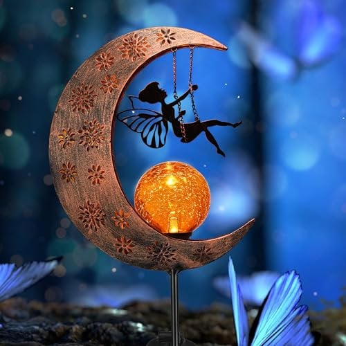 TERESA'S COLLECTIONS Garden Ornaments Outdoor, Gifts for Women, Large Fairy & Moon Solar Light Outdoor Garden, Swing fairy Solar Lights with Crackle Glass Ball for Lawn & Path, 39inch