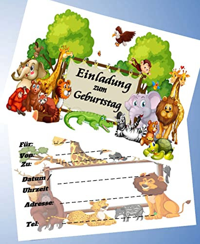 10 Einladungskarten für Geburtstag Partys und Kindergeburtstag Zoo / Dschungeltiere Nr. 1