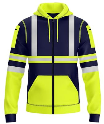 NOROZE Mens Hi Vis Hoodie with Reflective Tape, High Visibility Full Zip Hoodie for Safety Workwear, Zipped Pockets High Vis Hoodie, Durable Work Hoodies for Men (L, Style 2: Neon Green/Navy)