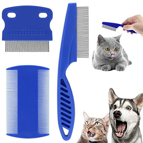 Hundekatzen Läusekamm, 3 Stücke Pflegekamm Haustier, Floh Tränenfleckentferner Kamm, Edelstahl Metall Kämme für Effektiv Gegen Flöhe und Läuse, Hunde Katzen Pflege Werkzeug (Blau)