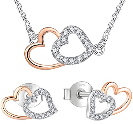 PIVELLO® Schmuck Set Damen Herzform Sterling Silber 925 | Kette Ohrringe Set Silber & Ohrringe Rose Gold | Stecker Ohr Doppelherz & Schmuck Herz | Rosegold & 100% Nickelfrei