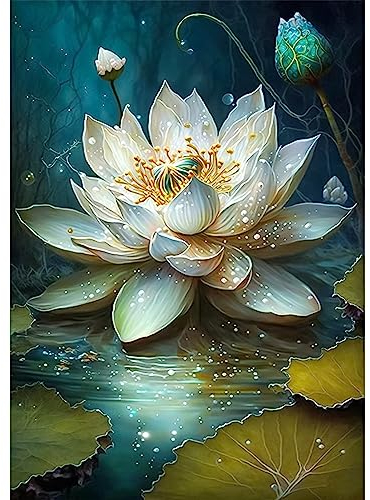 QENSPE 5D Diamond Painting Lotus Blanc Diamant Adulte, Lotus Diamant Kit Enfants Complet, DIY Diamant Strass Point de Croix Cristal Painting Murale Décoration 30x40cm