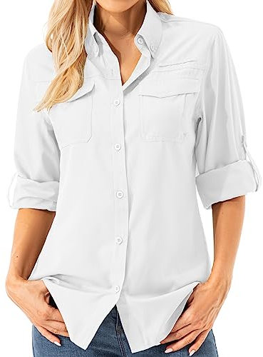 Asfixiado Damen Hemdbluse UV Shirt UPF 50+ Safari Kleidung Wanderbluse Damen Outdoor Cooling Quick Dry Sonnenschutz Langarm Luftiges Hemd(5072 White XS)