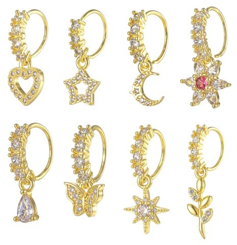 8 Stück Nasenpiercing mit Anhänger Gold Damen Septum Nasenring Ring Schmuck Knorpelohrringe Septum Piercing Gold Set Süßer Blatt Herz Stern Schmetterlingsform Lippenpiercing Ring