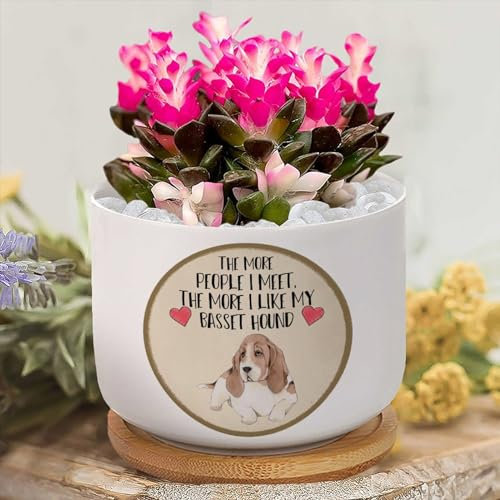 The More People I Meet The More I Like My Basset Hound Planters Ceramic Dog Mom Gift Round Flower Pots with Drainage Holes And Bamboo Tray Plant Pot for Outdoor Indoor Plants House Warming Gifts