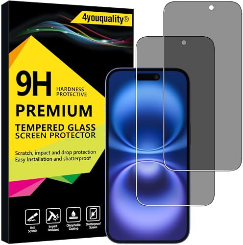 4youquality Privacy Screen Protector for iPhone 16 (6.1-Inch), Anti Spy Tempered Glass Film, 2-Pack, [LifetimeSupport][Anti-Spy][Impact-Resistant][Anti-Scratch]