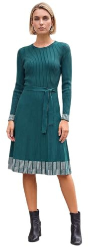 Roman Originals Ribbed Stretch Knit Border Print Dress for Women UK - Ladies Everyday Autumn Winter Round Neckline Comfy Soft Evening Vacation Work Party Night Out