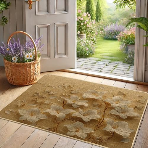 Fußmatte mit Frühlingsblumen, Beige Efeu-Muster, Fußmatte für Außen- und Inneneingang, Heimdekoration, Gummi, wasserdicht, rutschfest, staubabsorbierend, leicht zu reinigen, 73,2 x 43,2 cm