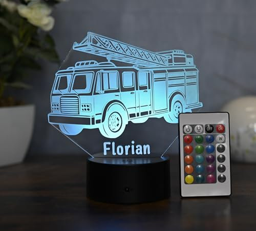 Optechvisual Feuerwehr Lampe mit Wunschnamen zum Selbstbekleben – Kinder Nachtlicht dimmbar & mit Touch – Personalisierbar – Geschenk für Jungen – Kinderzimmer Deko – LED Leselampe Feuerwehr