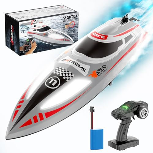 Brickaro Bateau RC avec lumière LED, télécommande 30 km/h, bateau électrique haute vitesse pour piscines et lacs, bateaux de course 2,4 GHz, paramètres étanches et protecteurs, alerte de batterie