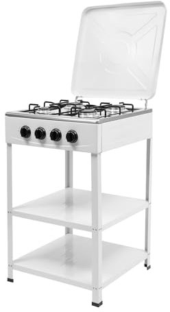 Cocina Exterior con 4 Fogones Compatible con Gas Natural/GLP, Hornillo de Acampada, Estufa de Gas Portatil, 49 x 49 x 79 cm (Blanco)