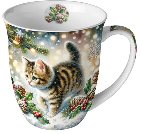 Ambiente Tasse Porzellan 0,4 l Jumbotasse Henkelbecher Kaffeetasse Teetasse Katzen Winter Schnee Advent Weihnachtstasse