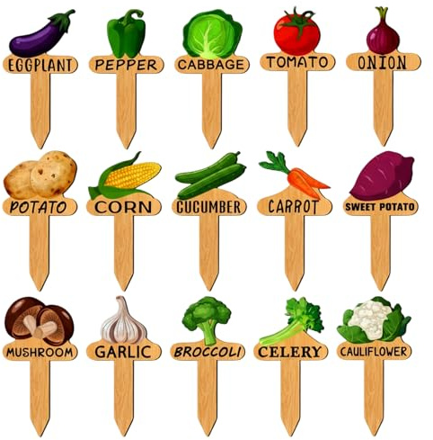 15 PCS Watercolor Vegetable Plant Labels, Funny Plants Stakes T-Type Garden Plants Marker, Wooden Plant Labels with Printed Pattern, Seed Label for Indoor Outdoor Potted Vegetable Seed