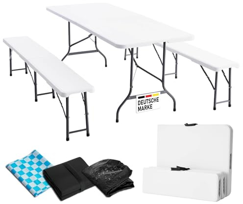 BRAST Bierzeltgarnitur Josef | 3er Set klappbar | 1x Tisch 180x74x74cm & 2X Sitzbank | für 10 Personen | 2 Varianten | inkl. Gratis Zubehör | Einrastsystem & Tragegriffe | Weiß