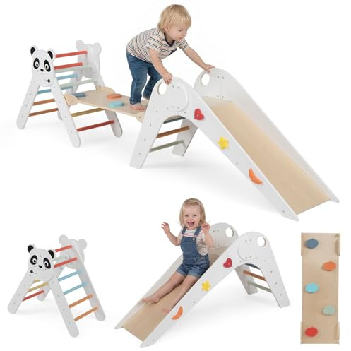 FANTASK Kletterdreiecke Indoor 3er Set, Klappbares Klettergerüst Holz mit Rutsche, Rampe & Kletterleiter, Inkl. Baustein Set, Sprossendreieck für Kinder ab 3 Jahren (Bunt)