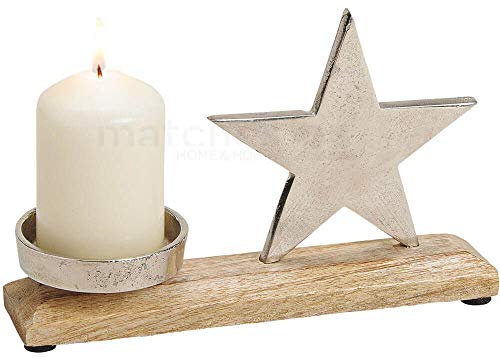 matches21 Kerzenständer mit Stern aus Metall & Holz Weihnachten Dekoration Skulptur Silber/braun 1 STK 23x16x5 cm