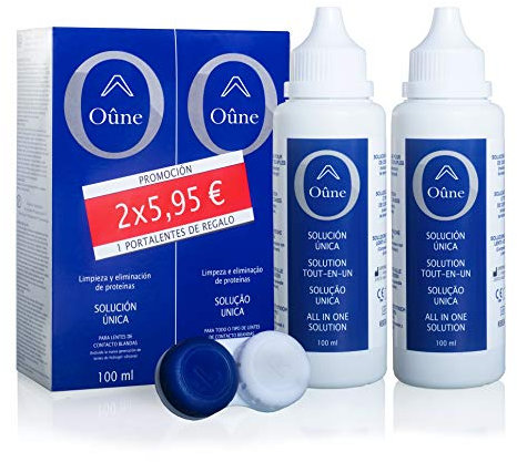 OUNE Líquido de lentillas Oûne 2 x 100 ml más portalentes. Solución para limpieza y desinfección de todo tipo de lentes de contacto blandas. Formato viaje