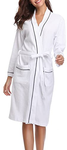 Vlazom Waffle Dressing Gowns Unisex Kimono Robe Cotton Lightweight Bathrobe for All Seasons Spa Hotel Sleepwear, White, XXL