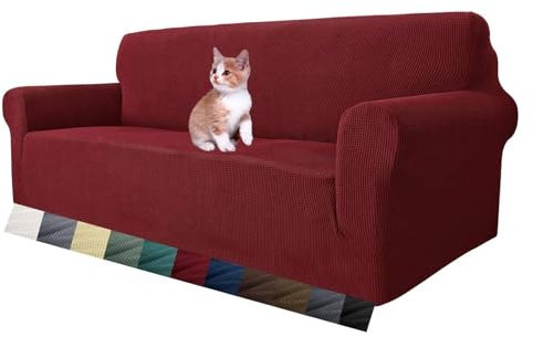 MAXIJIN Super Stretch Couch Bezug für 3-Sitzer Couch, 1-teilige Universal-Sofabezüge Wohnzimmer Jacquard Spandex Möbelschutz Hunde Haustierfreundliche Couch Schonbezug (3 Sitzer, Weinrot)