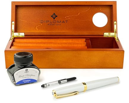 Diplomat Excellence A2 Perlmutt Gold, Edelstahlfeder M, Füllhalter-Set mit Füllhaltertinte im Tintenglas, Tintenkonverter und Stifteablage aus Holz, Schreibset
