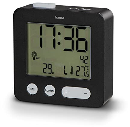 Hama Funkwecker mit Batterie (Wecker mit digitaler Funkuhr, lautlos, klein, Funkwecker mit Beleuchtung, Speed Alarm, Snooze, Temperatur, Datum, 6,5 x 2,1 x 6,5 cm idealer Reisewecker) schwarz