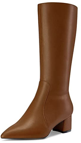 Castamere Donna Chunky Blocco Medio Tacco Heel a Punta Metà polpaccio Cerniera Stivali da Matrimonio Cute 5 CM Heels Marrone 45 EU