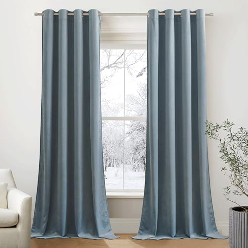 PONY DANCE Vorhänge Samt Ösen Gardinen Schlafzimmer Thermovorhang Kälteschutz Velvet Curtains for Living Room (300g/m²) Samtvorhang Verdunkelungsvorhang 2er Set, H 220 x B 132 cm, Dunstblau