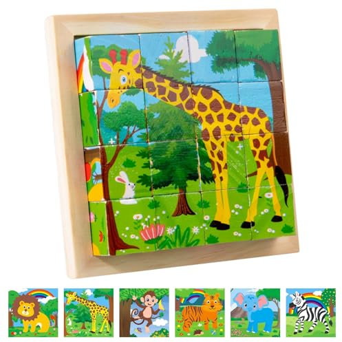 Würfelpuzzle Holz, 3D Bilderwürfel Puzzlespiele 6 in 1 Tier-Motive Puzzle Ab 2 Jahre, Holzpuzzle 3D Würfelpuzzle Puzzlespiele ab 1 2 3 4 Jahre, Montessori Lernspielzeug Geschenk für Jungen und Mädchen