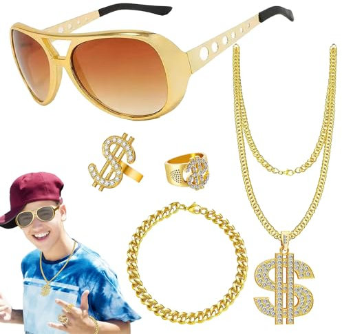 Sunshine smile 5 Stück Dollar kette gold,dollar kette gold kostüm,zuhälter kostüm,Hip Hop Kostüm Set,Dollar Zeichen Halskette Ringe Sonnenbrille Goldkette Fasching Karneval für 70er,80er,90er Jahre