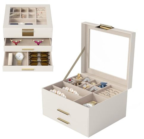 JUPPLIES - Joyero Organizador S con Tapa de Cristal - Organizador de Joyas y Accesorios con 2 Cajones - Estuche de Diseño Elegante para Joyería perfecto Para Regalo Mujer (3 Niveles)