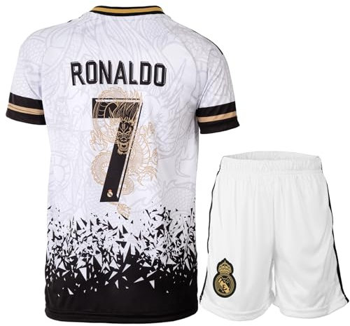 PraiseLight R. Madrid #7 Heim Weißer Drache Limitierte Sonderedition Kinder Trikot mit Kurz, Fußball Geschenk Set Jugendgrößen (Weiß, 152 (8-9 Jahre))