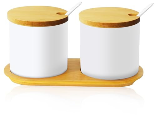 LEKEFETO Juego de 2 azucareros de porcelana con tapa y cuchara: tarros de cerámica para especias con cuchara, tarros de especias de cerámica, azucarero con tapa, para té, azúcar, sal, especias