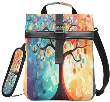 Mnsruu Lonchera aislada con parte superior enrollable para mujeres y hombres, diseño de árbol de la vida, hojas de remolinos de arco iris, plegable, lonchera enrollable reutilizable con correa para el
