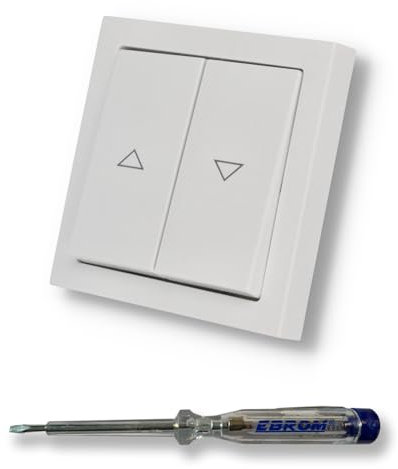EBROM SET IDEE: BUSCH JÄGER Jalousietaster Rolladentaster 2020/4 US (2020/4US) Future Linear Studioweiß glänzend Komplettset mit Aufdruck Pfeil auf/ab + EBROM Phasenprüfer zur Montage