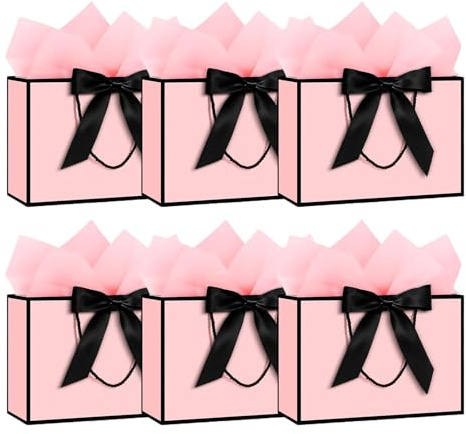 Medium Gift Bags for Present - 6 Pcs Birthday Gift Bag with 6 Wrappers, Luxury Paper Bags with Handles for Girls Womens Wedding Party Christmas Valentines Bridesmaid (Pink Black)