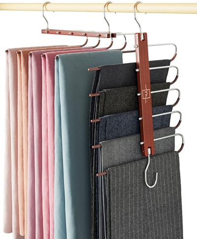 MORALVE Pants Hangers Space Saving - 4 Pack European Beechwood Scarf and Jean Hangers - Closet Organizer and Space Saver Pant Rack, Leggings Hanger, and Scarf Holder with 360° Swivel Hook