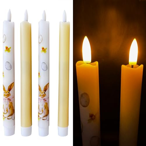 Online Fuchs 4 LED Stabkerzen aus Echtwachs mit realistischer Kerzenflamme und 6-Stunden Timerfunktion im Frühlingsdesign mit Osterhasen - Osterdeko im zarten Gelb oder Flieder Ton (Gelb)