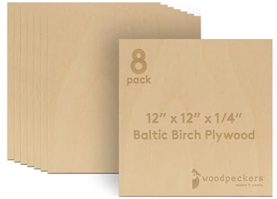 6 mm Baltic Birch Plywood 1/4 x 12 x 12 Inch, Box of 8 B/BB Grade Craft Wood, Stronger Than Basswood Sheets, for Laser, CNC Cutting and Wood Burning, by Woodpeckers