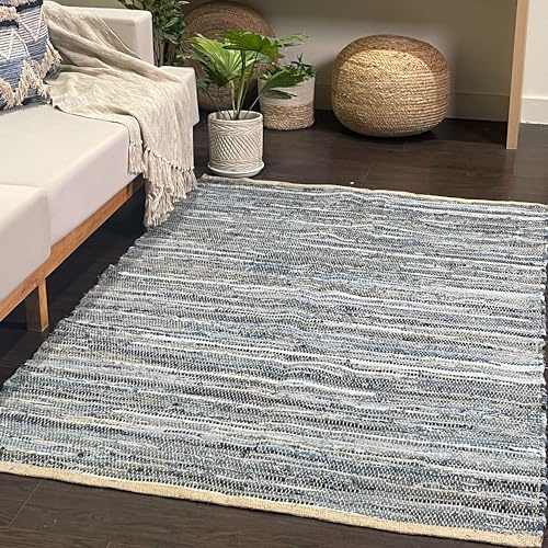 Chardin home Farmhouse Flickenteppich, 1,2 x 1,8 m, Denimblau, handgewebter Chindi-Teppich, Baumwolle und Jute, langer Boho-Teppich, perfekt für Flur, Küche, Bad, Schlafzimmer, Blau