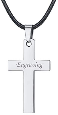 FaithHeart Gravierte Kette Partner-Ketten mit Wunsch Gravur aus Edelstahl in Silber Kreuz Anhänger Schmuck, Lederhalskette Herren