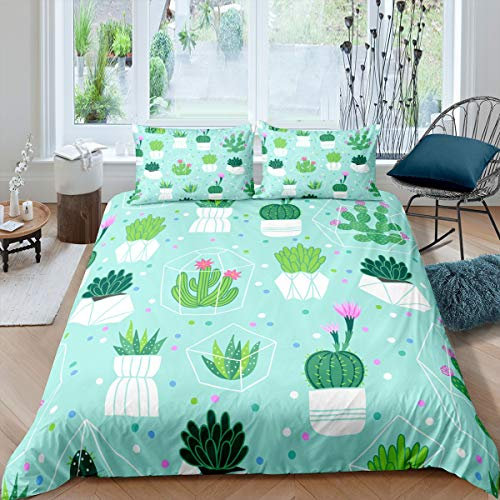 Loussiesd Cartoon Kaktus Bettwäsche Set 135x200cm für Mädchen Kinder Botanisch Sukkulente Bettbezug Set Grüne Pflanzen Betten Set Raumdekor Tupfen Geometrie Bettwäsche 2St