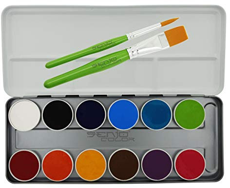Senjo Color Bodypainting Farben Face Paint Palette 12 Farben, 2 Schmink-Pinsel, Kinderschminke mit Vitamin E und Kamille, für Profi, Halloween, Cosplay, Kindergarten - Made in Berlin Germany
