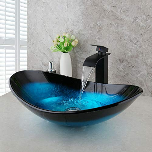 Homelava Lavabo da Appoggio in Vetro Temperato, contenitore in vetro temperato artistico da appoggio lavello con rubinetto, scarico a scomparsa e lavandino con tubo dell'acqua(ovale blu oceano)