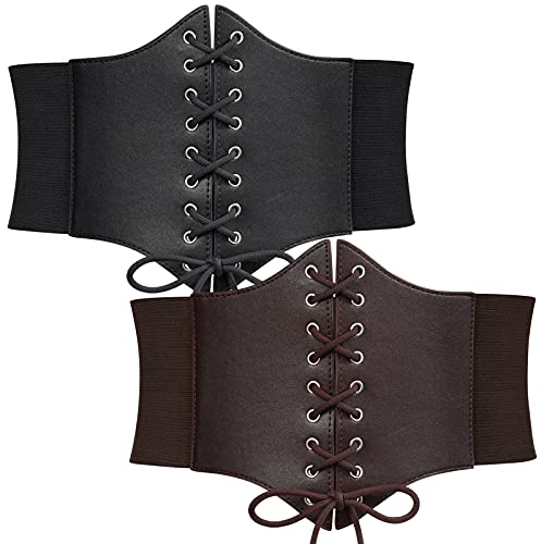 WERFORU 2 Stücke Frauen Tied Waspie Gürtel, Breiter Schnürgürtel für Damen, Korsett elastische Taille Gürtel für Halloween Party Schwarz/Kaffee