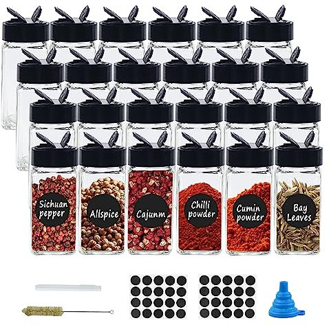 AolKee 24Pcs 120ml Spice Jars with Lids and Labels, Square Glass Spice Jars, Storage Jars, Spice Containers Small Jars with Bottle Brush, Pen, Funnel