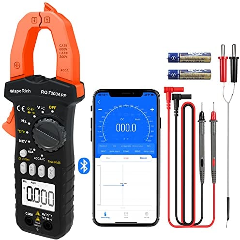 Multimetro a pinza digitale TRMS 6000 conteggi Amperometro con APP Bluetooth NCV per AC/DC Corrente Tensione Resistenza Capacità Continuità Diodo Temp Termocoppia (WapoRich RQ-7200APP)