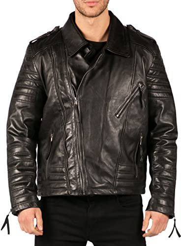 TruClothing Men's Biker Jacket Outwear Windproof Winter Cross Zip Urban Real Leather Jackets Coat - Black 4XL