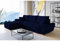 ML Furniture Velvet Ecksofa in L-Form – Dunkelblau Sofa – Couch mit Stauraum und Kissen - Ausziehbares Schlafsofa – Sofa mit Schlaffunktion - Schlafsofa mit Bettkasten – Gästebett – 289 x 189 cm